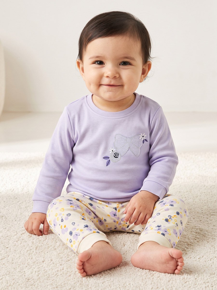 Baby Girl Lilac Cotton Long Sleeve Top and Floral Print Pants Set