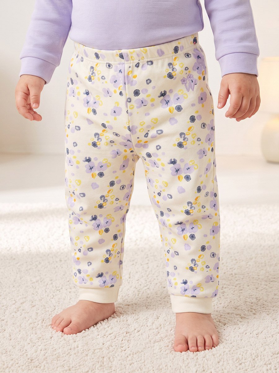 Baby Girl Lilac Cotton Long Sleeve Top and Floral Print Pants Set