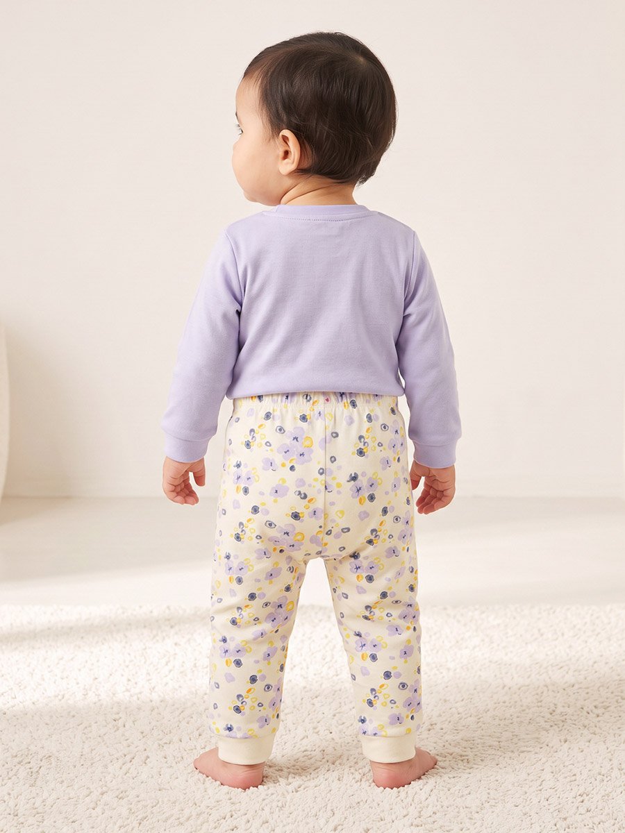 Baby Girl Lilac Cotton Long Sleeve Top and Floral Print Pants Set