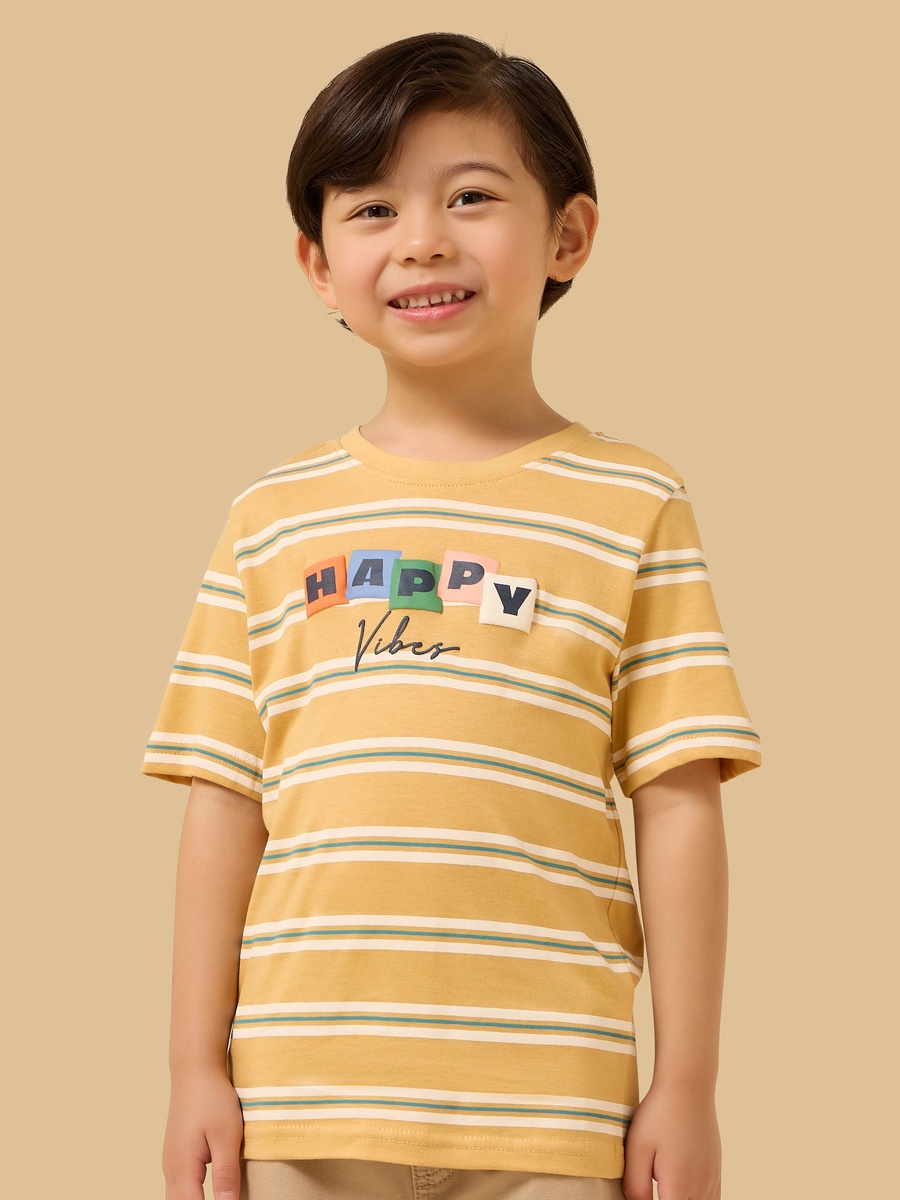 Slogan Print Striped Cotton T-Shirt