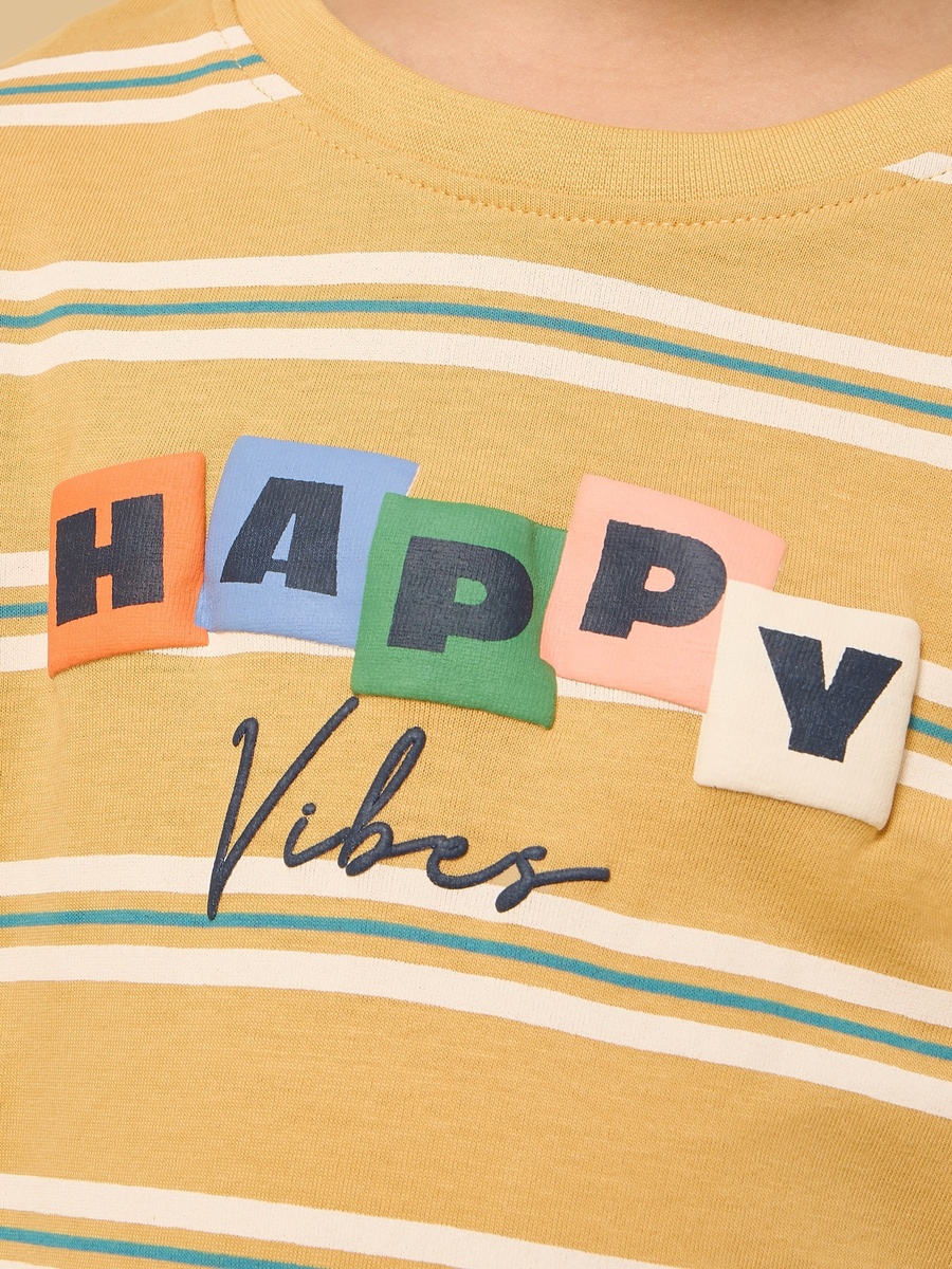 Slogan Print Striped Cotton T-Shirt