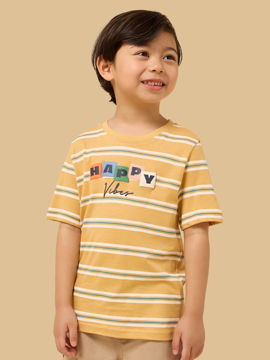 Slogan Print Striped Cotton T-Shirt