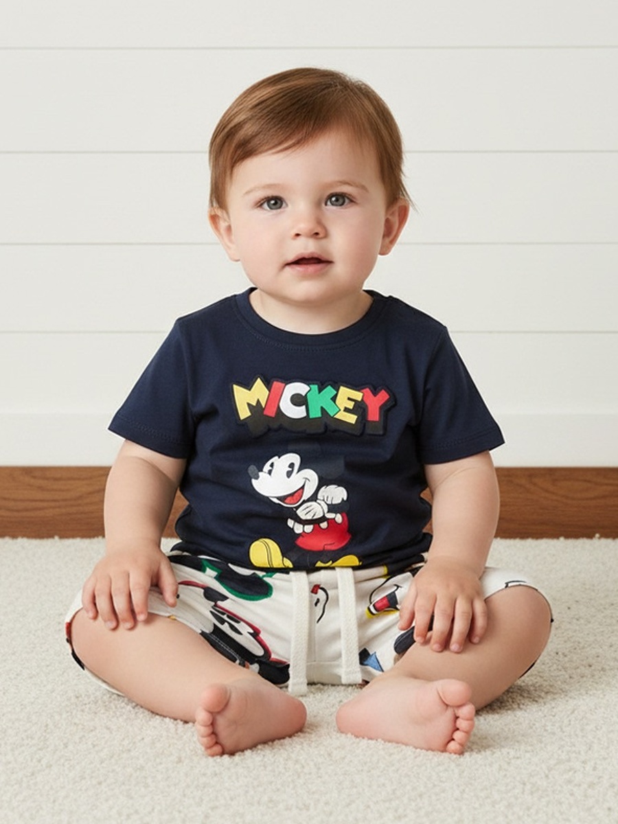 Mickey Mouse Print Cotton T-Shirt and Shorts Set