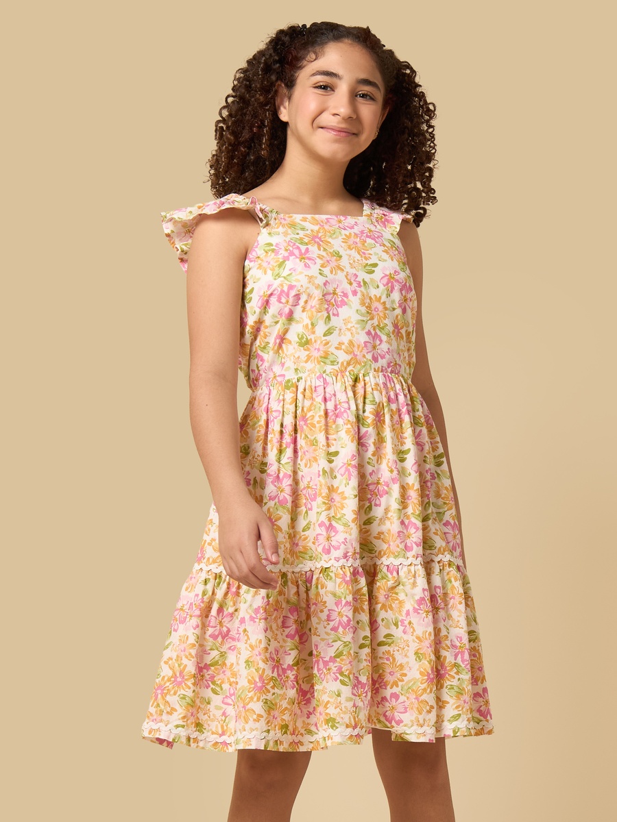 Floral Print Cotton Tiered Dress with Square Neck