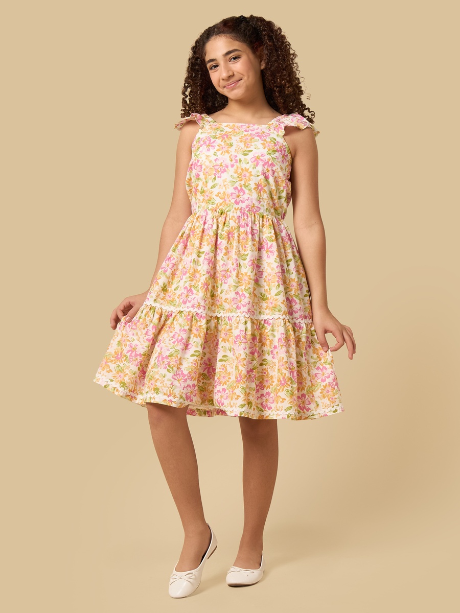 Floral Print Cotton Tiered Dress with Square Neck