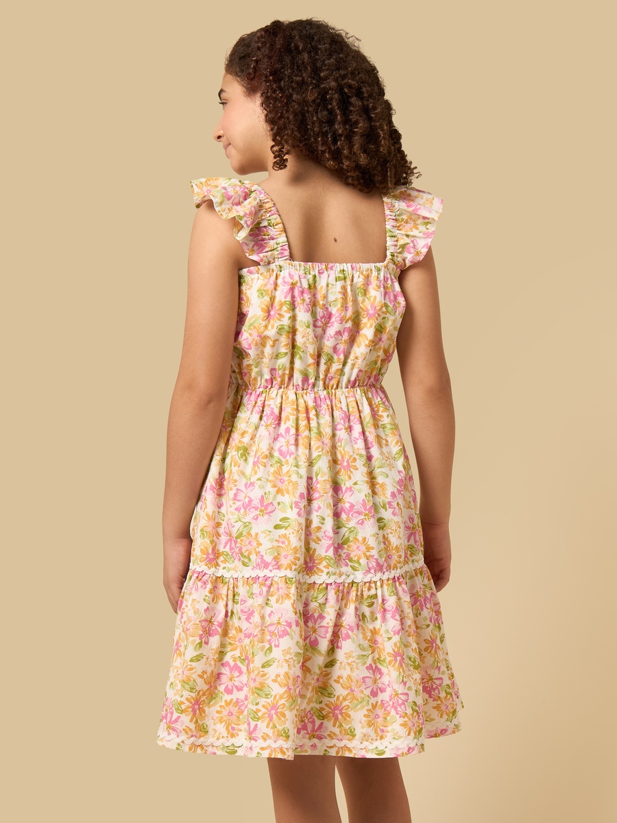 Floral Print Cotton Tiered Dress with Square Neck