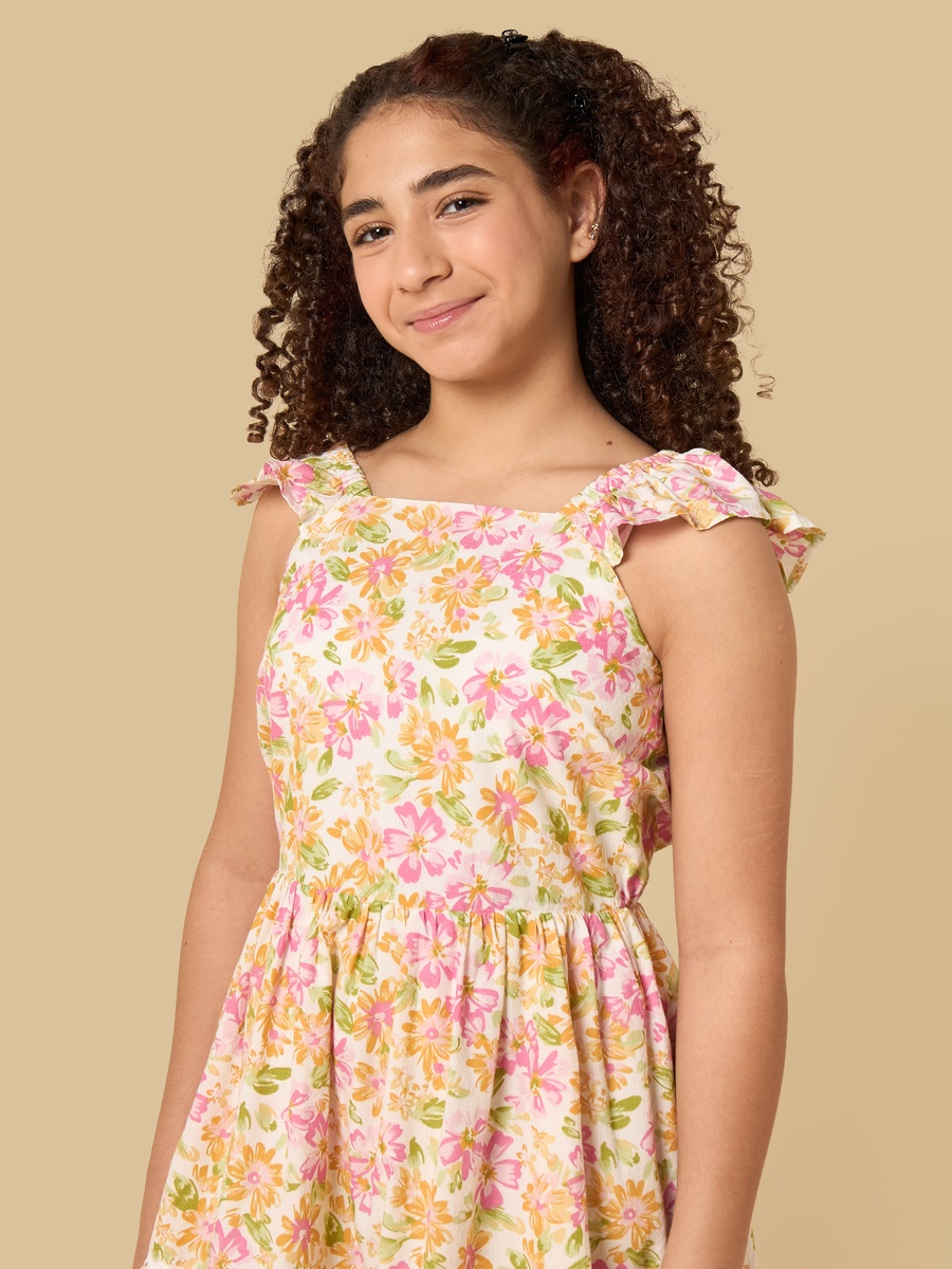 Floral Print Cotton Tiered Dress with Square Neck