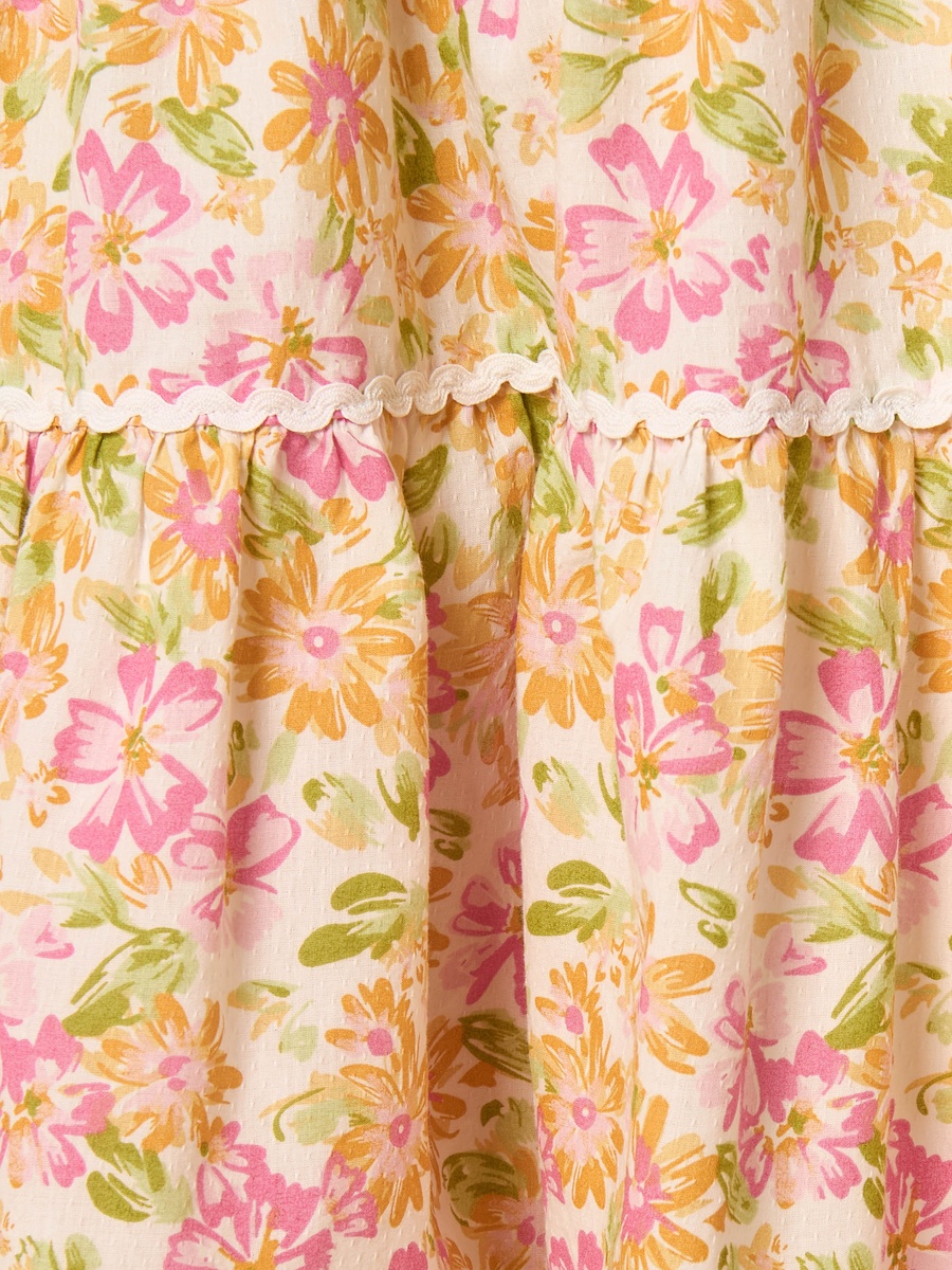 Floral Print Cotton Tiered Dress with Square Neck