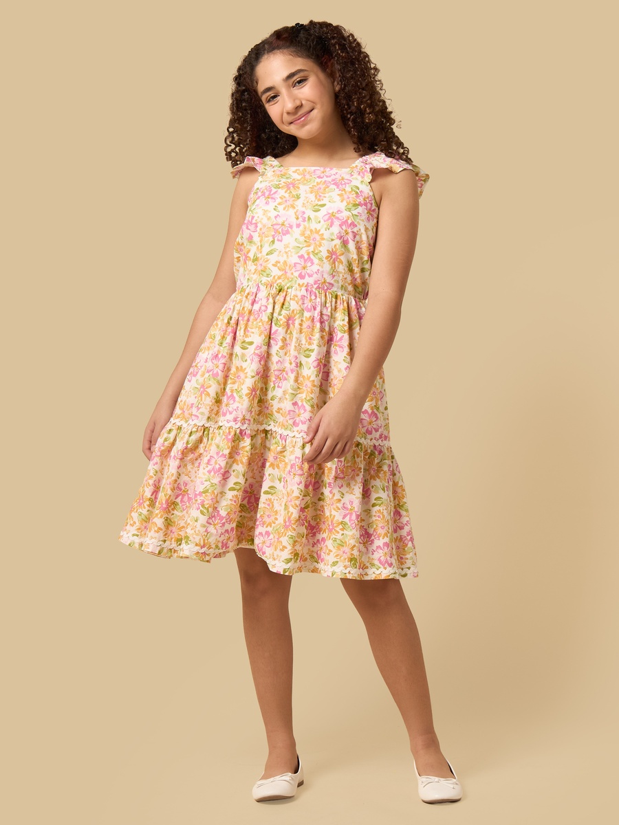 Floral Print Cotton Tiered Dress with Square Neck