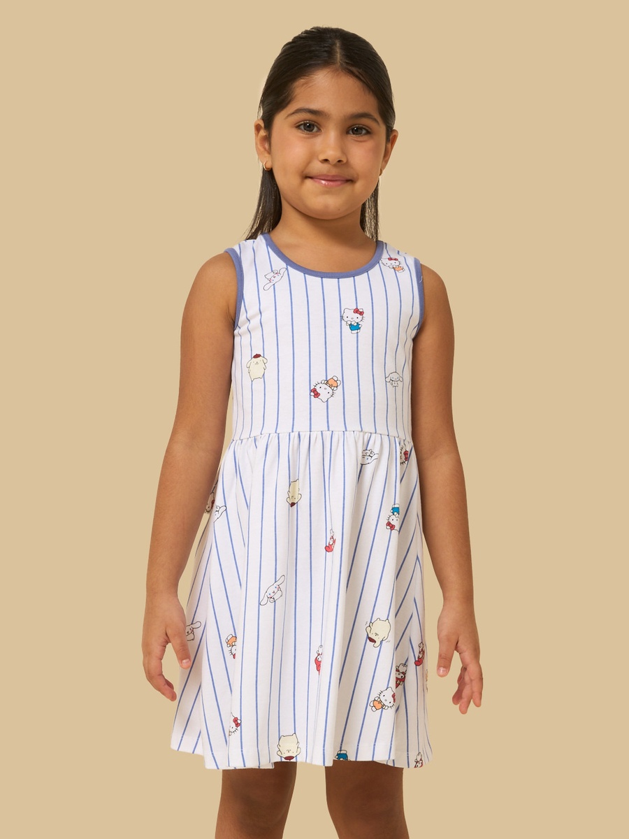 Hello Kitty Print Striped Sleeveless Cotton Dress