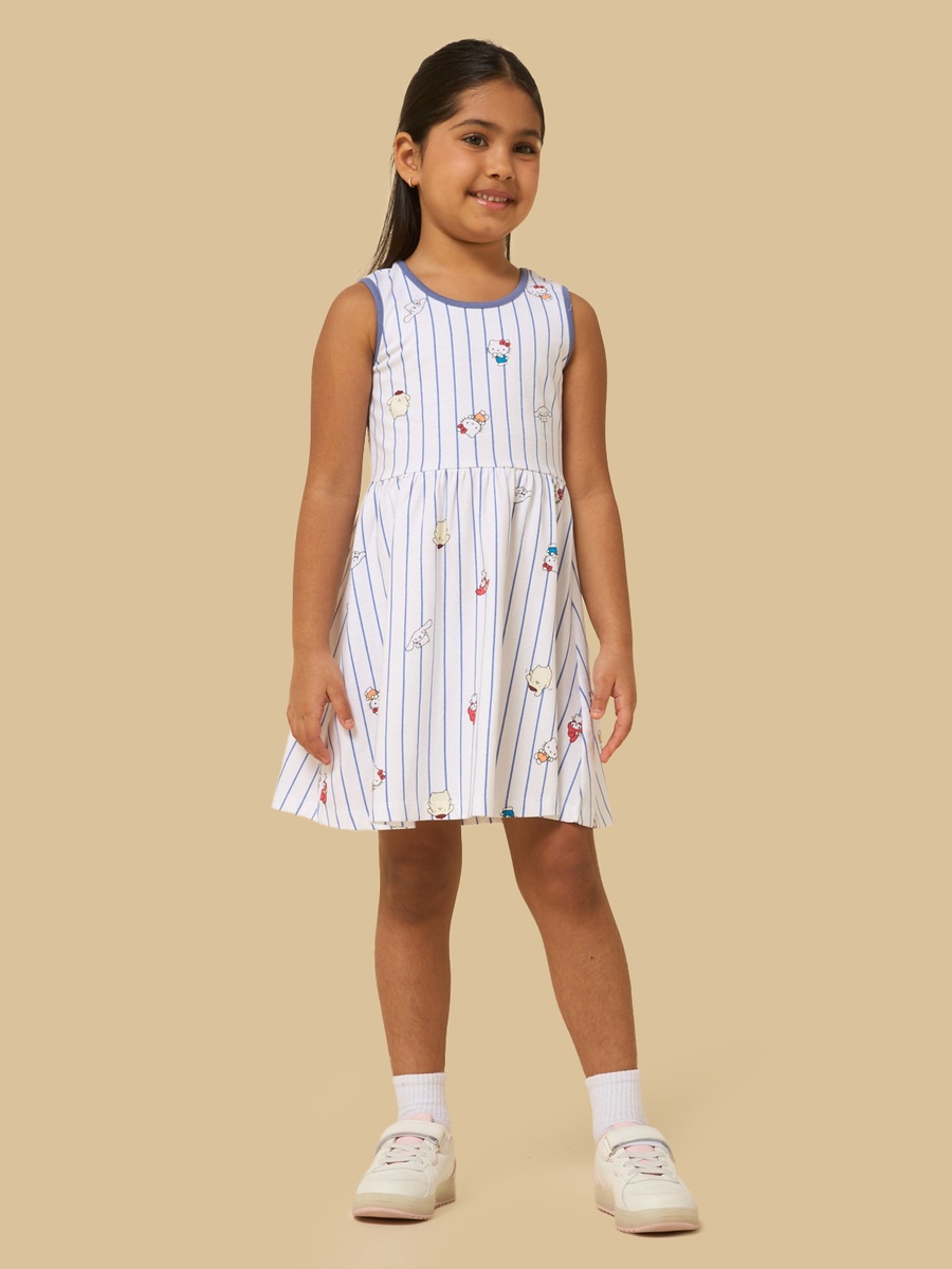 Hello Kitty Print Striped Sleeveless Cotton Dress