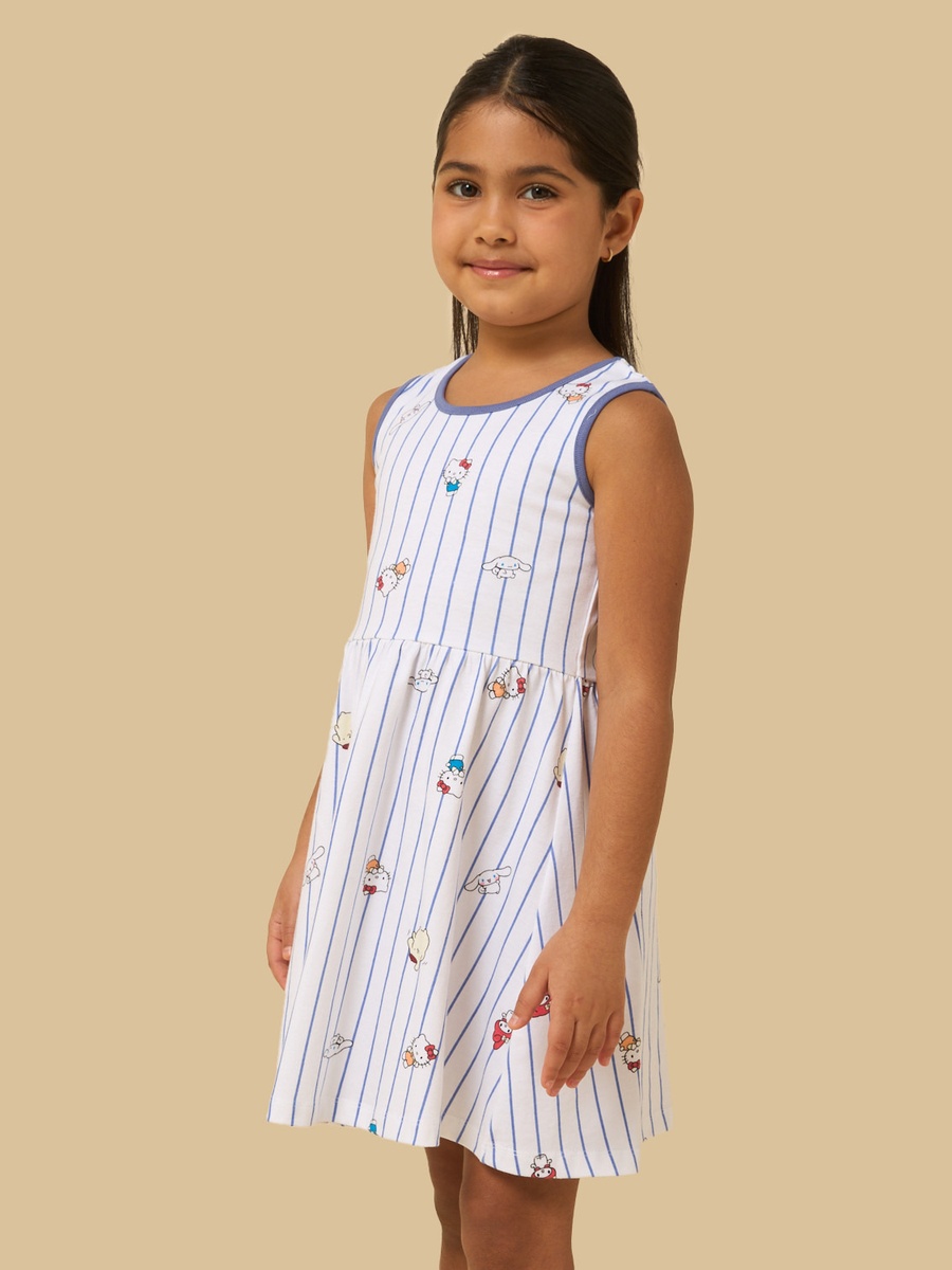 Hello Kitty Print Striped Sleeveless Cotton Dress