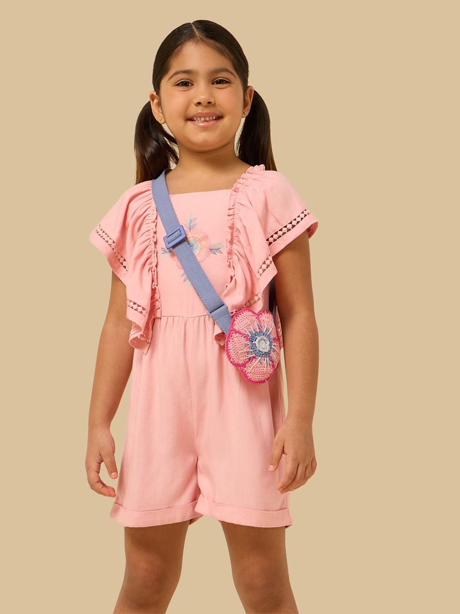 Floral Embroidered Playsuit with Bag