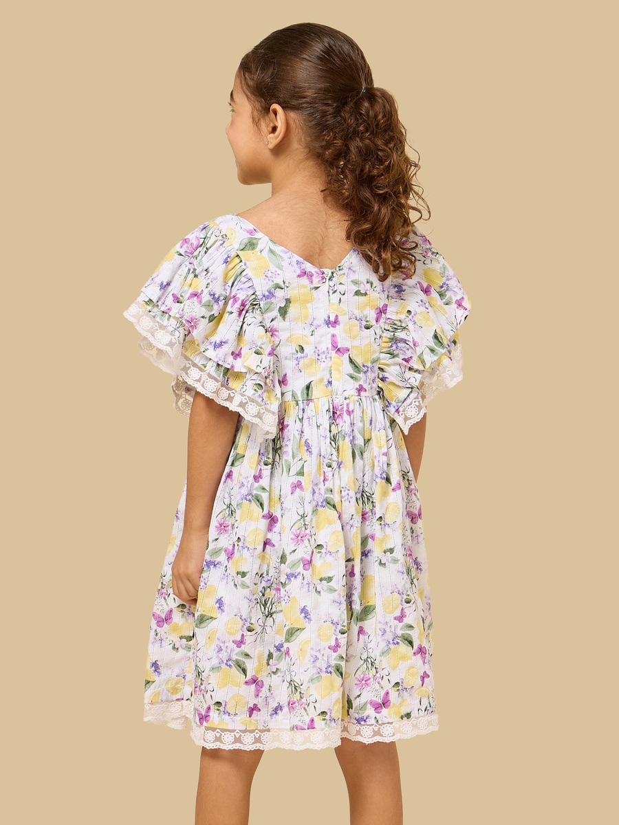 فستان قطن بأكمام كشكش وطبعات