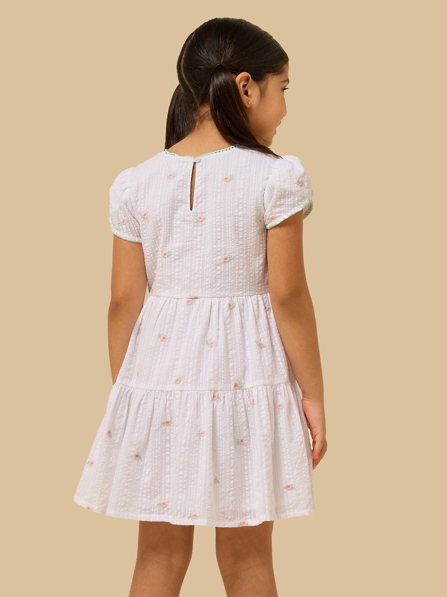 Floral Embroidered Tiered Puff Sleeves Dress
