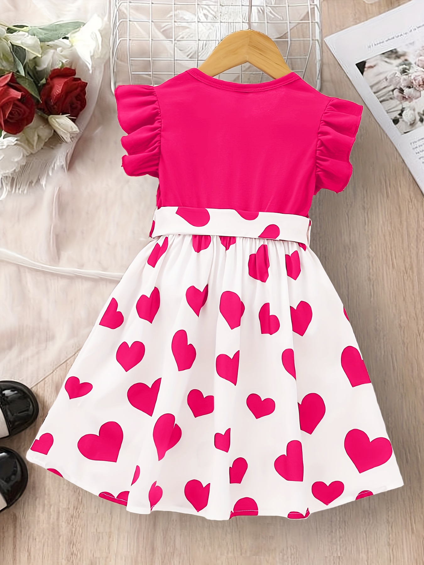 Girls A-Line Pink Heart Print Knee-Length Dress
