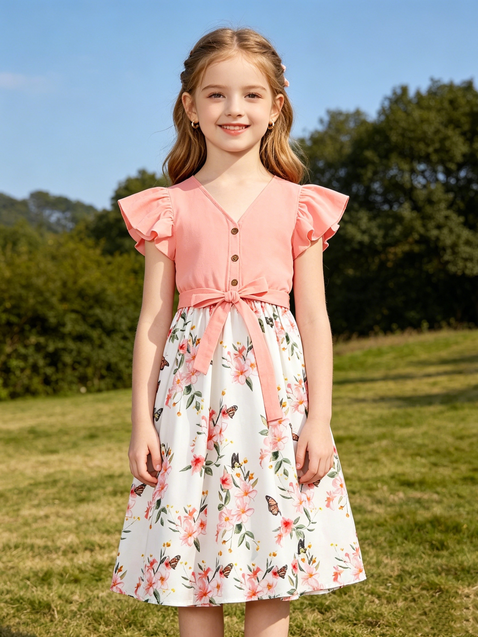 Girls Peach A-Line Midi Dress with Floral and Butterfly Print