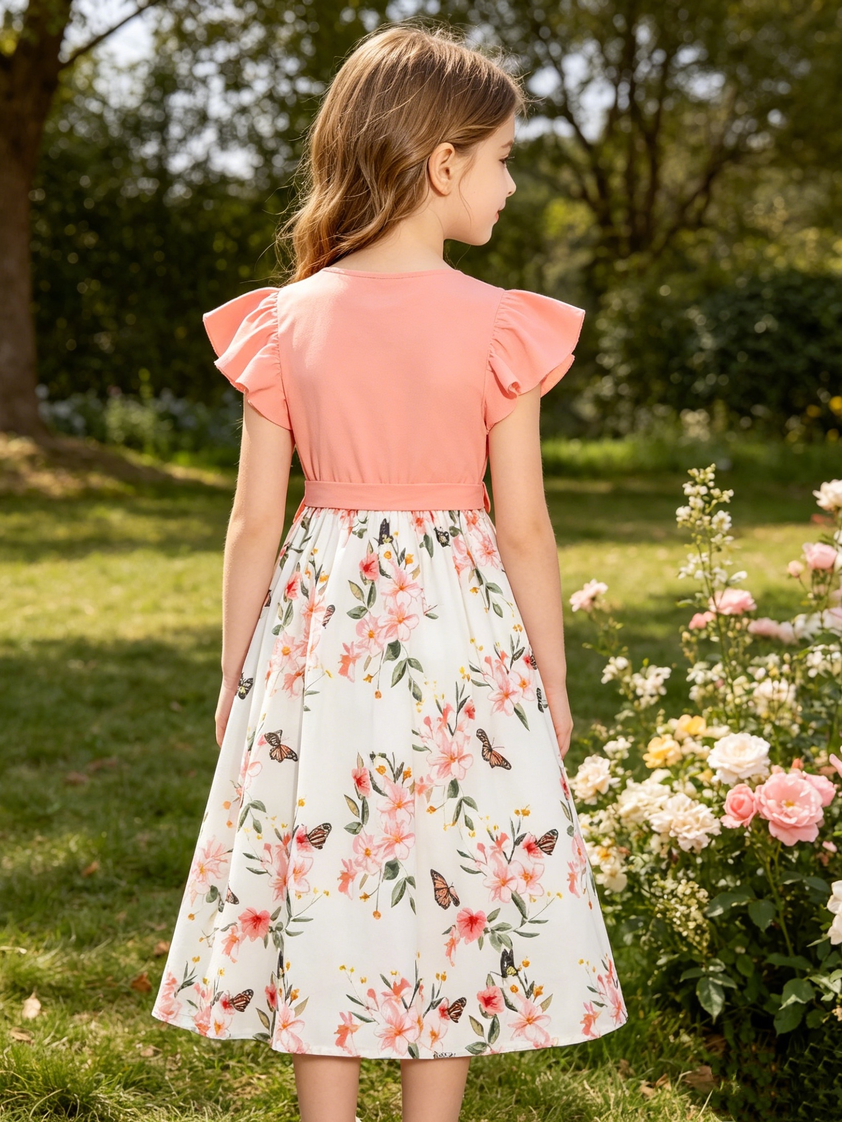 Girls Peach A-Line Midi Dress with Floral and Butterfly Print