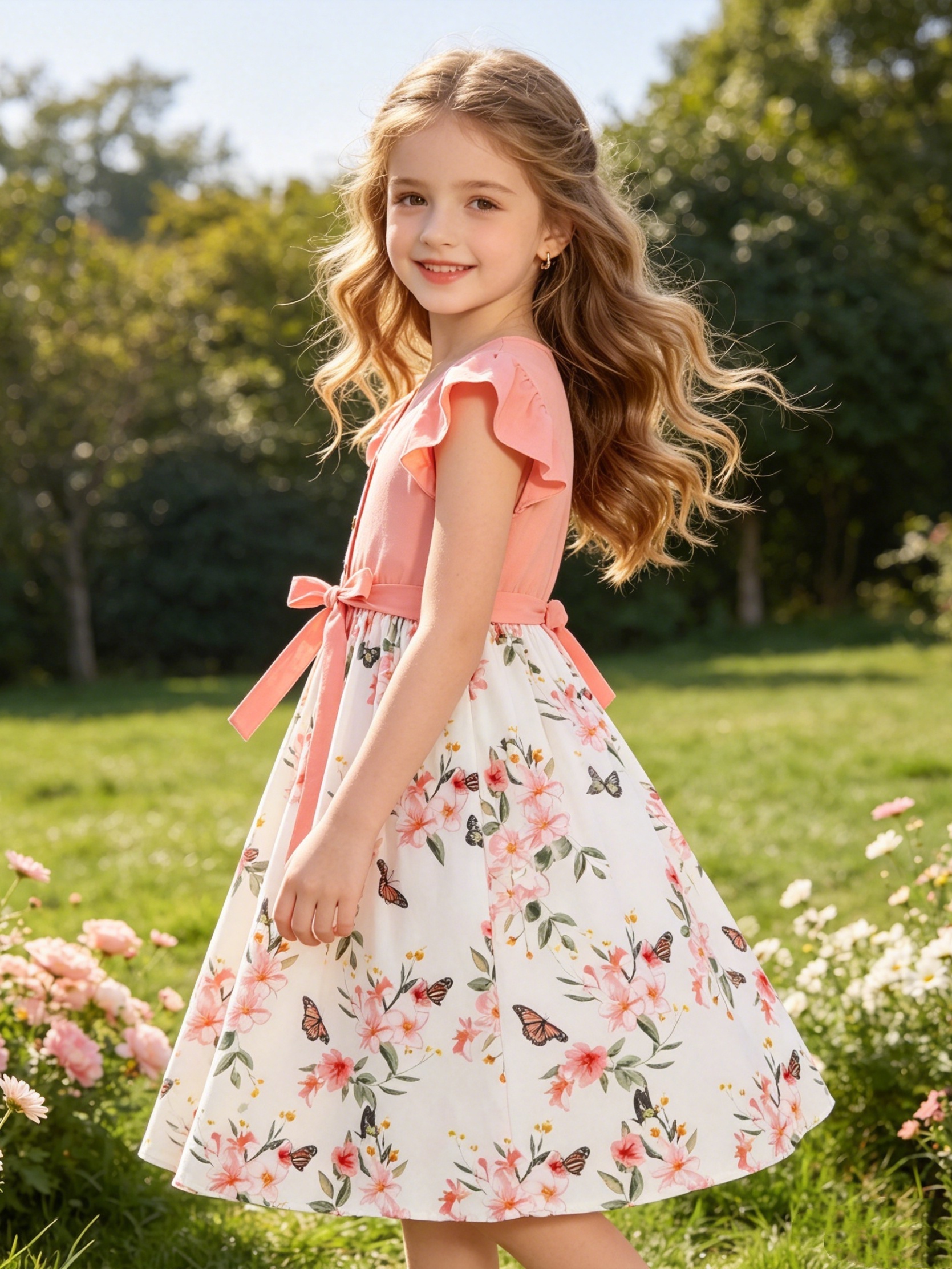 Girls Peach A-Line Midi Dress with Floral and Butterfly Print
