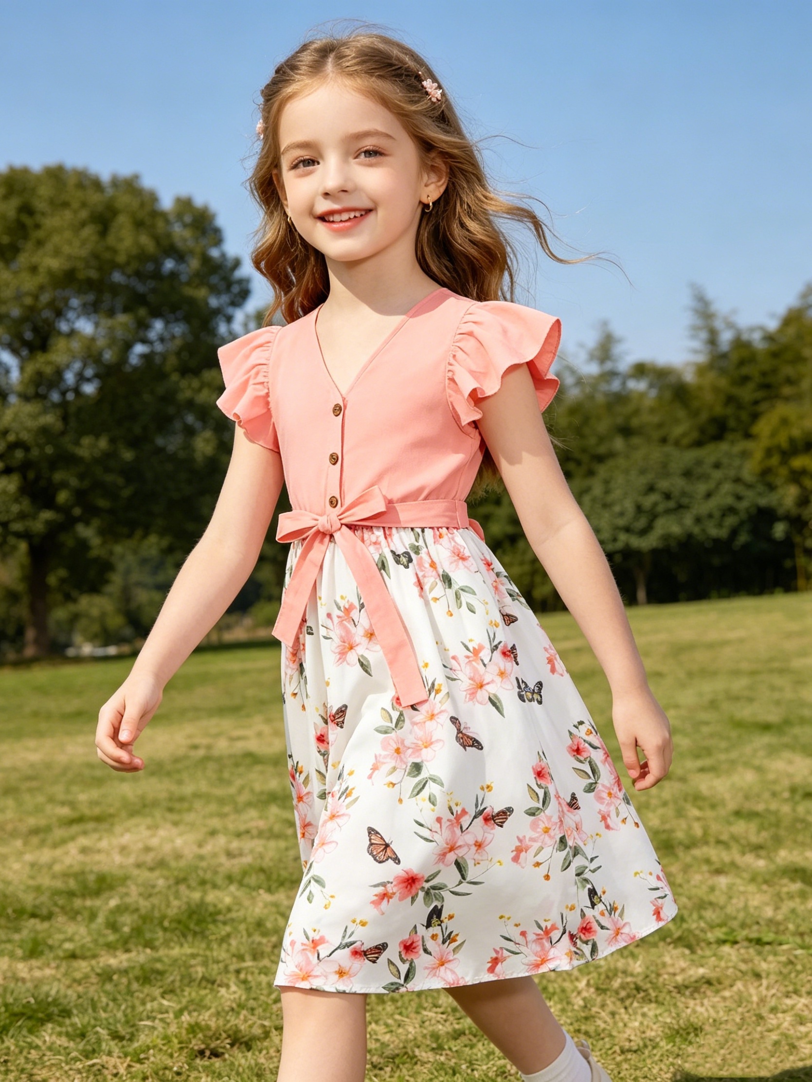 Girls Peach A-Line Midi Dress with Floral and Butterfly Print