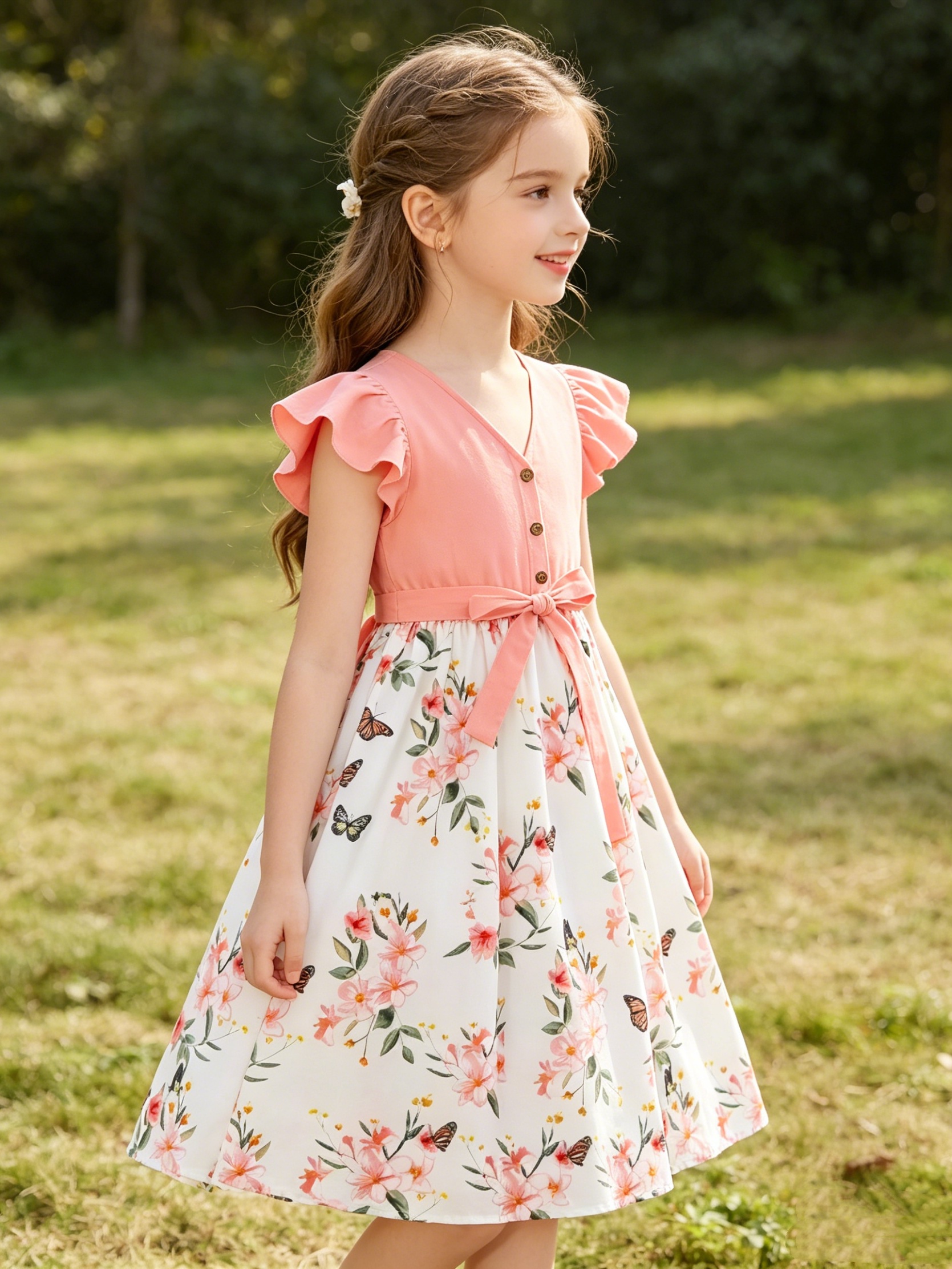 Girls Peach A-Line Midi Dress with Floral and Butterfly Print