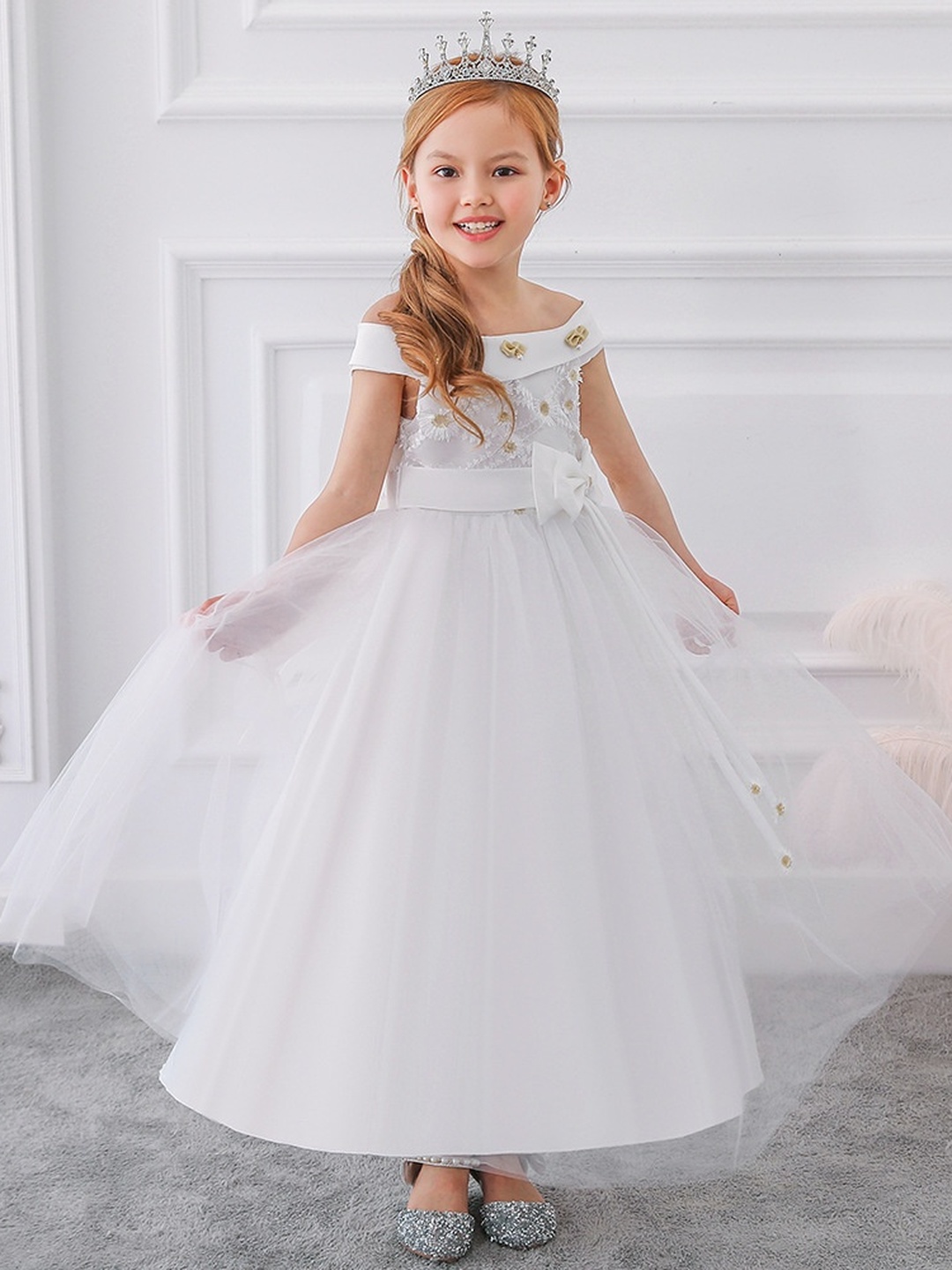Girls Mesh Insert Bow Detail Little Princess Dress