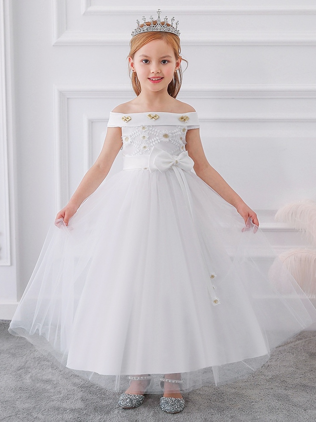 Girls Mesh Insert Bow Detail Little Princess Dress