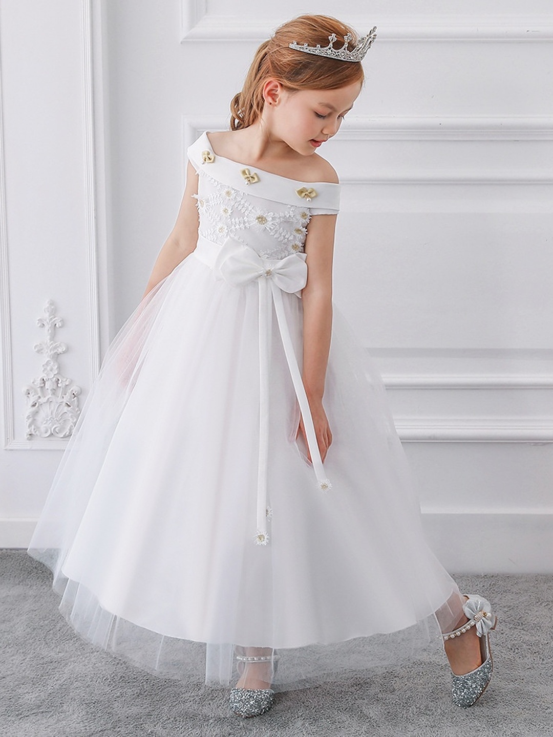 Girls Mesh Insert Bow Detail Little Princess Dress