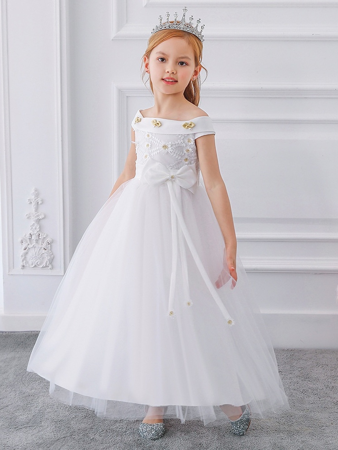 Girls Mesh Insert Bow Detail Little Princess Dress