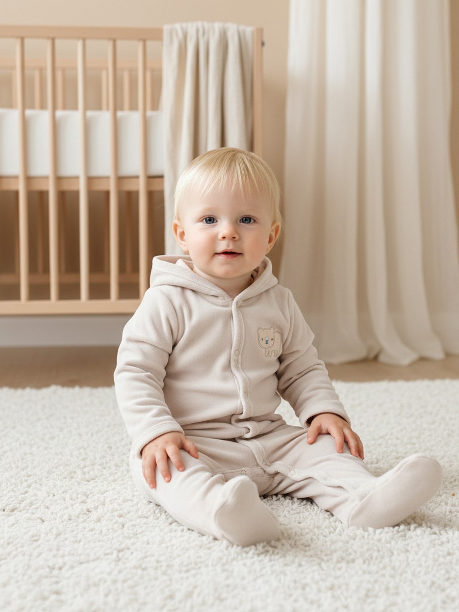 Hooded Sleepsuit with Closed Feet - Cotton Blend - Long Sleeves