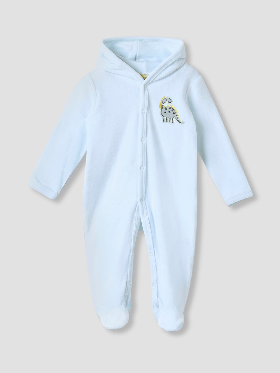 Dinosaur Applique Hooded Velour Sleepsuit with Long Sleeves