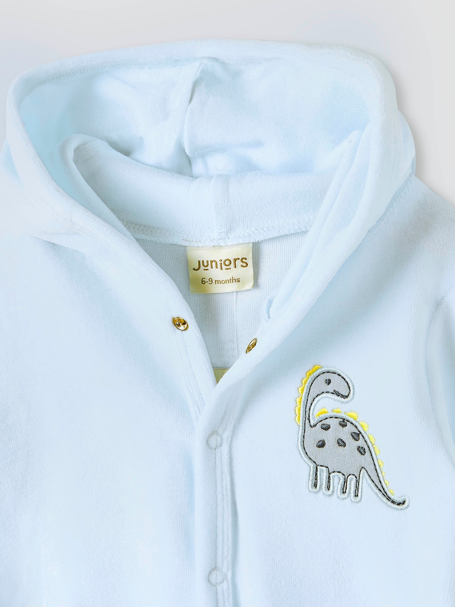 Dinosaur Applique Hooded Velour Sleepsuit with Long Sleeves