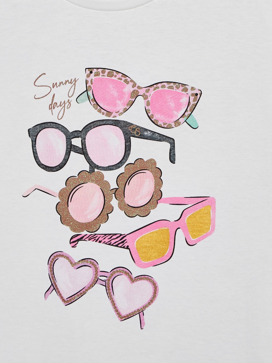 Round Neck Short Sleeves T-Shirt with Sunglasses Print