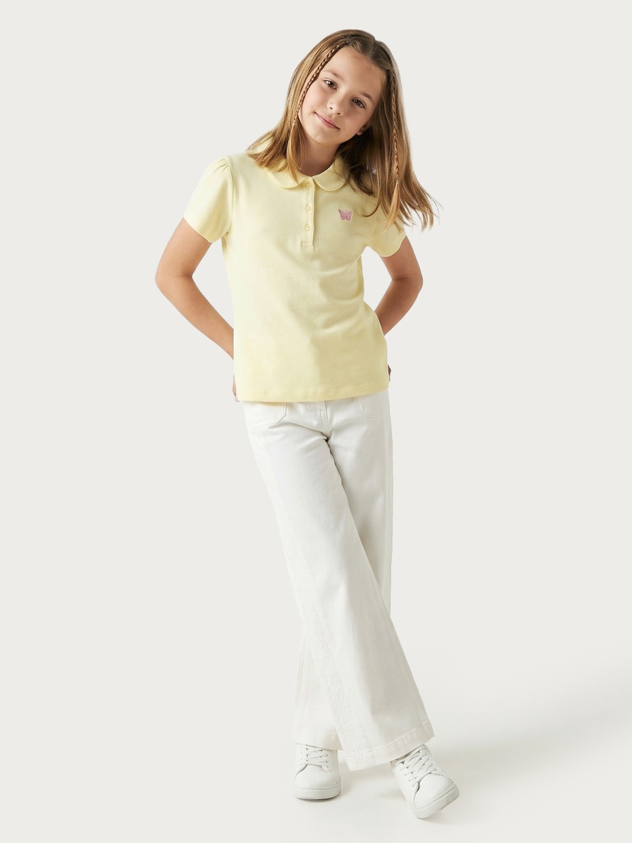 Collared Short Sleeve Polo T-Shirt with Butterfly Embroidery
