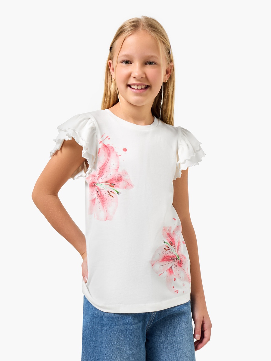 Crew Neck Cap Sleeves T-Shirt with Floral Print