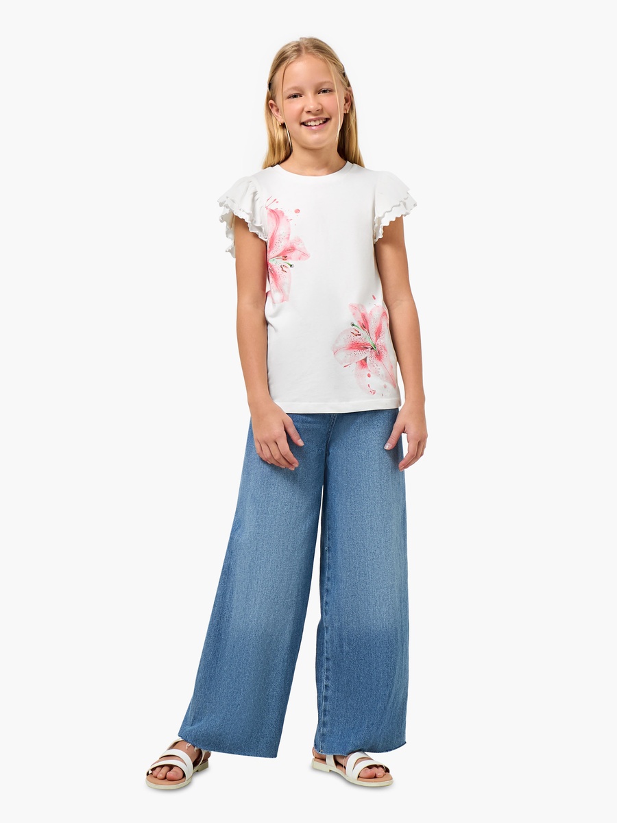 Crew Neck Cap Sleeves T-Shirt with Floral Print