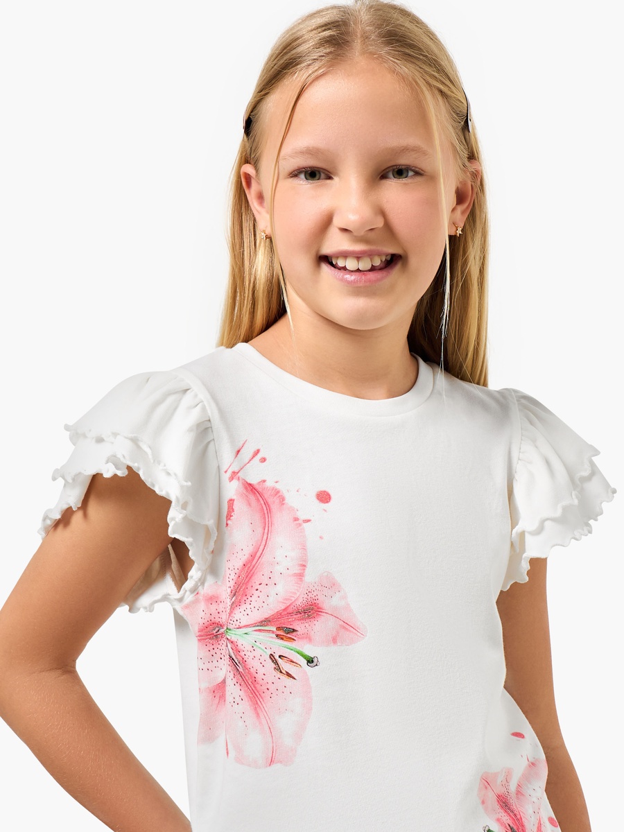 Crew Neck Cap Sleeves T-Shirt with Floral Print