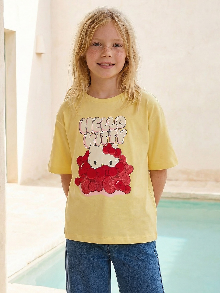 Crew Neck Short Sleeves T-Shirt with Hello Kitty Print