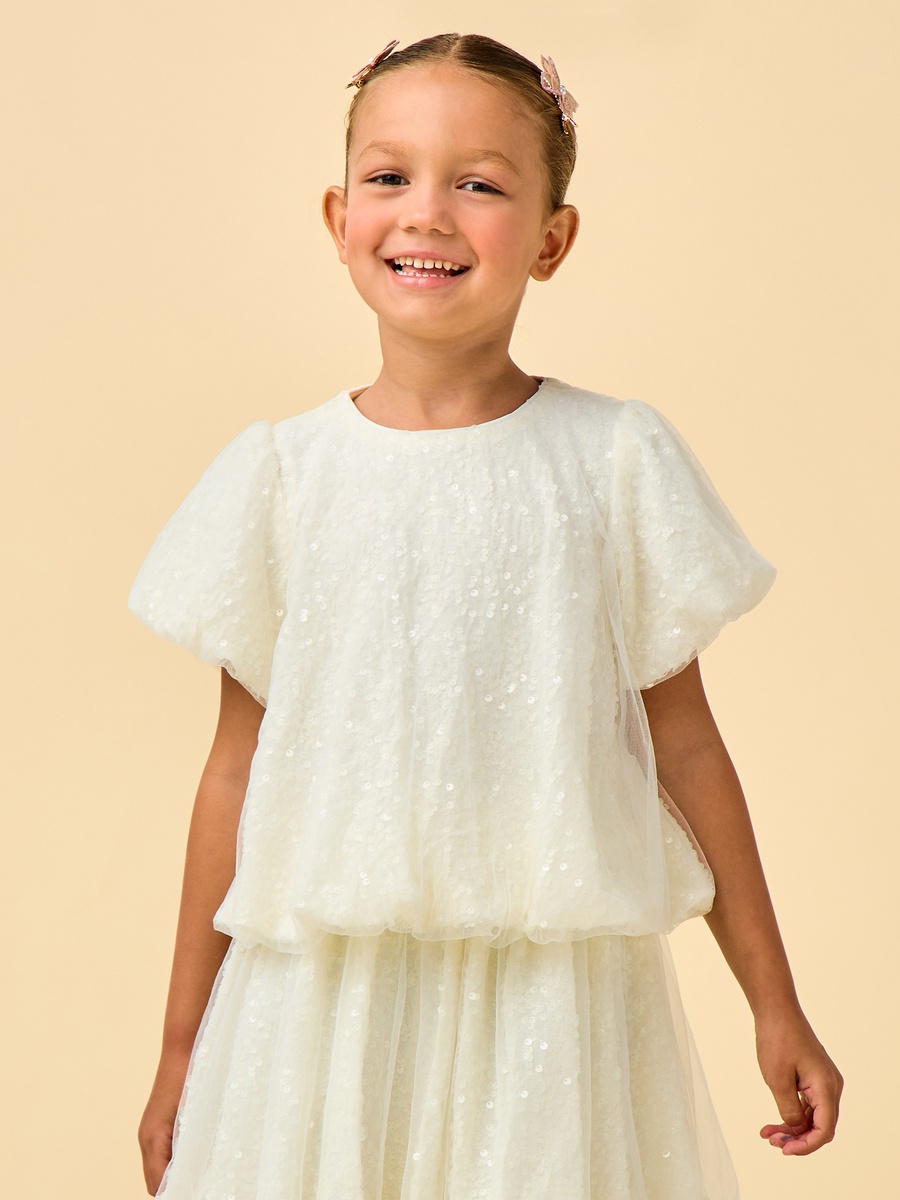 Crew Neck Short Sleeves Top and Skirt Set with Sequin Detail