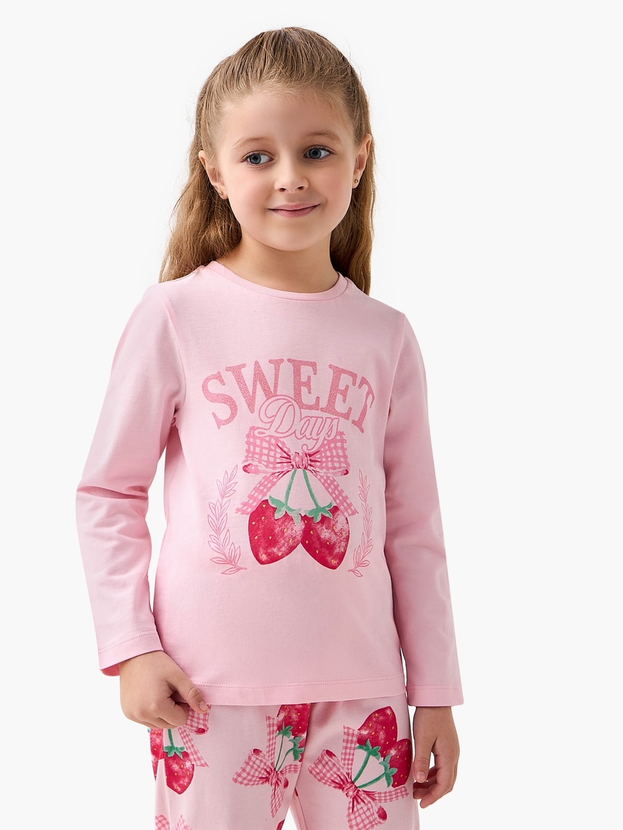 Cotton Crew Neck Long Sleeves Pyjama Set with Strawberry Print