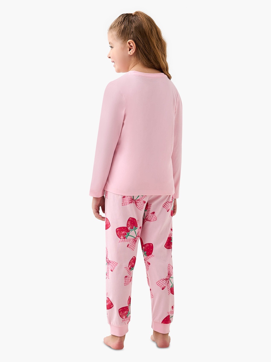 Cotton Crew Neck Long Sleeves Pyjama Set with Strawberry Print