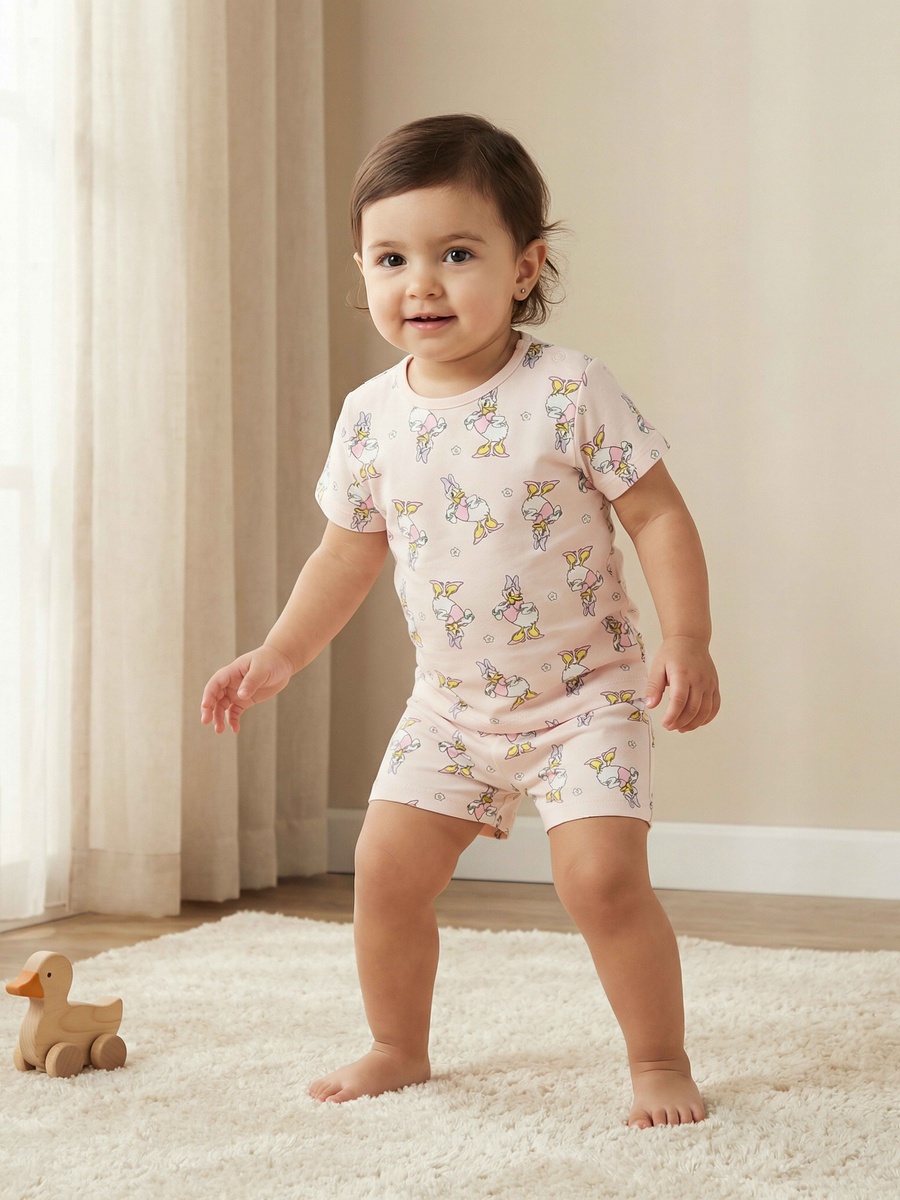 Round Neck Short Sleeve T-Shirt and Shorts Set with Daisy Duck Print