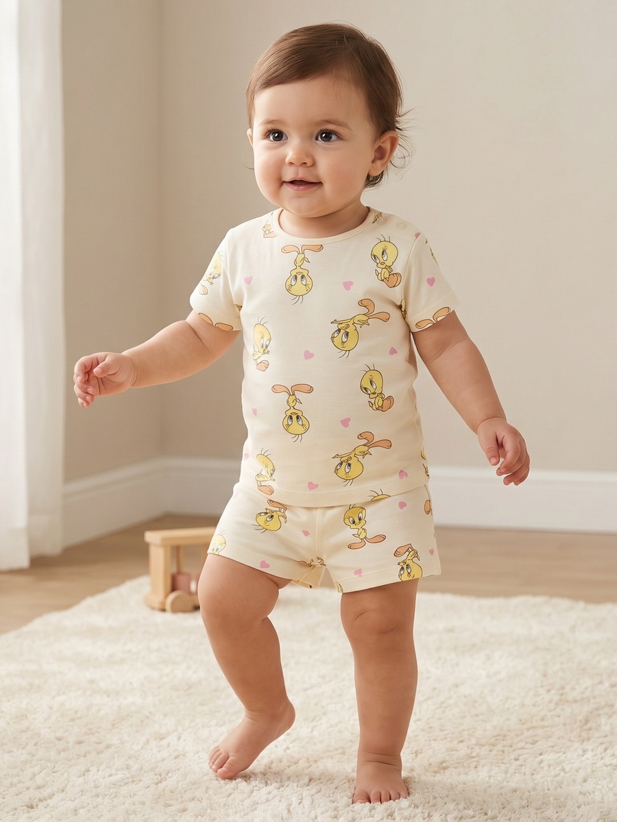 Round Neck Short Sleeve T-Shirt and Shorts Set with Tweety Print