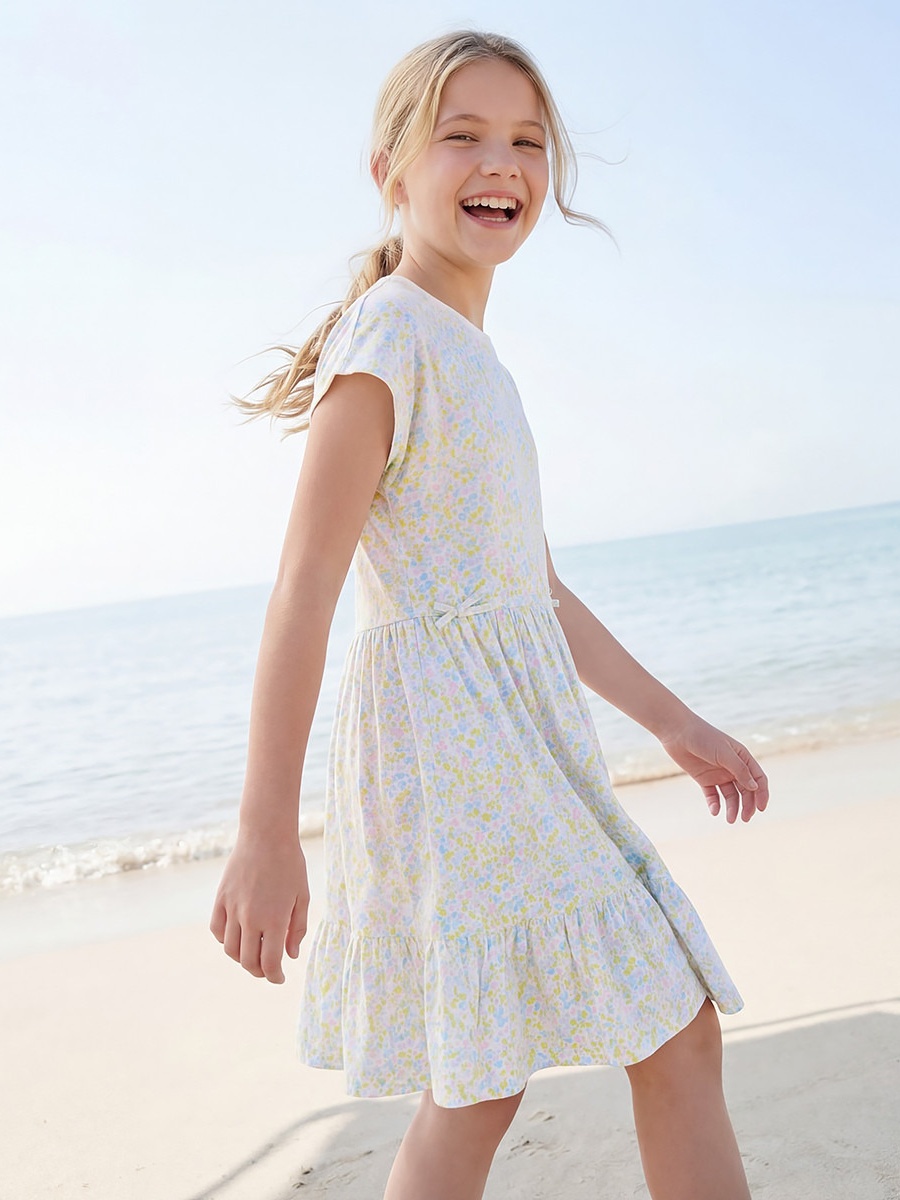Round Neck Short Sleeves A-Line Dress with Floral Print