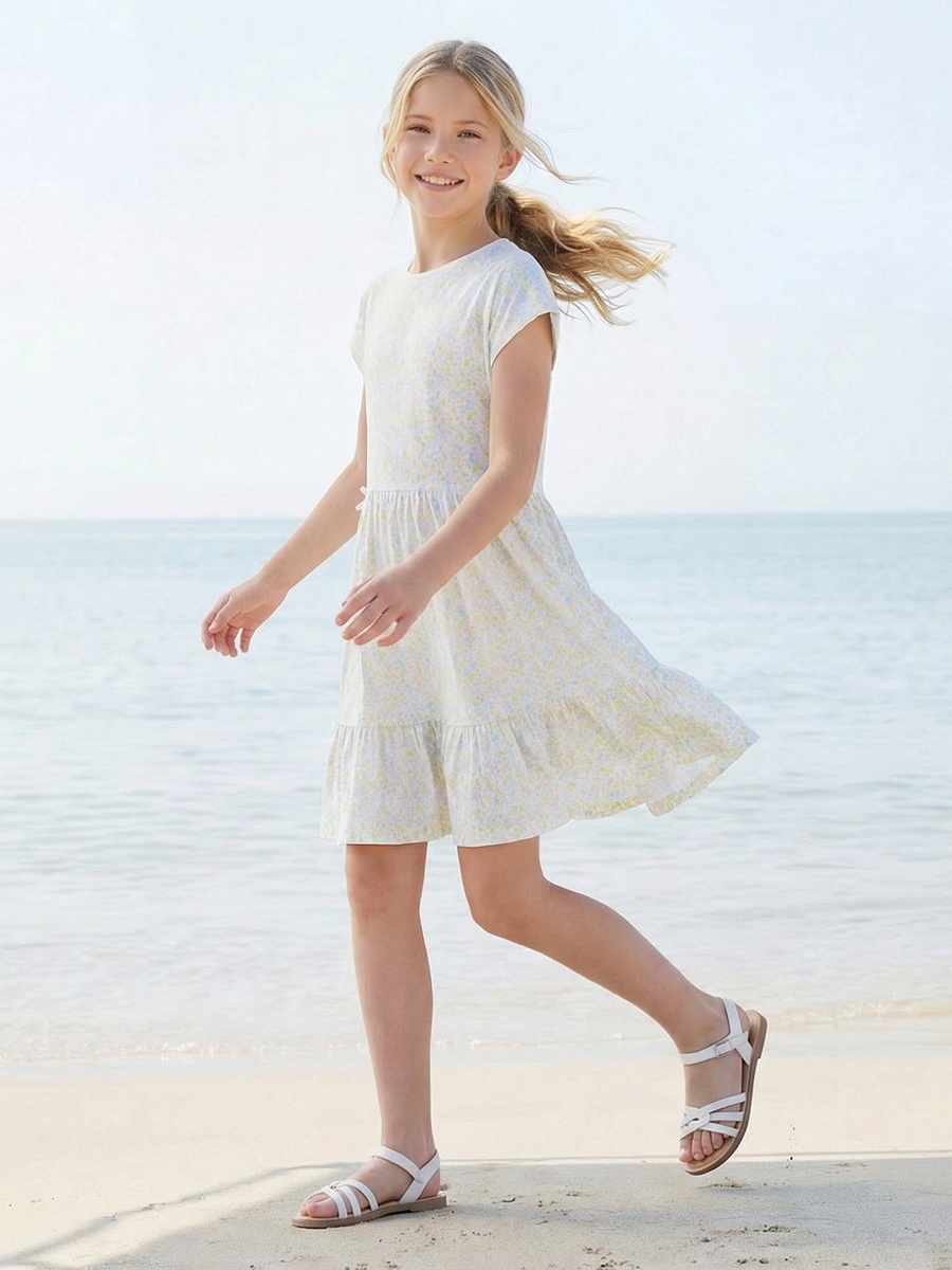 Round Neck Short Sleeves A-Line Dress with Floral Print