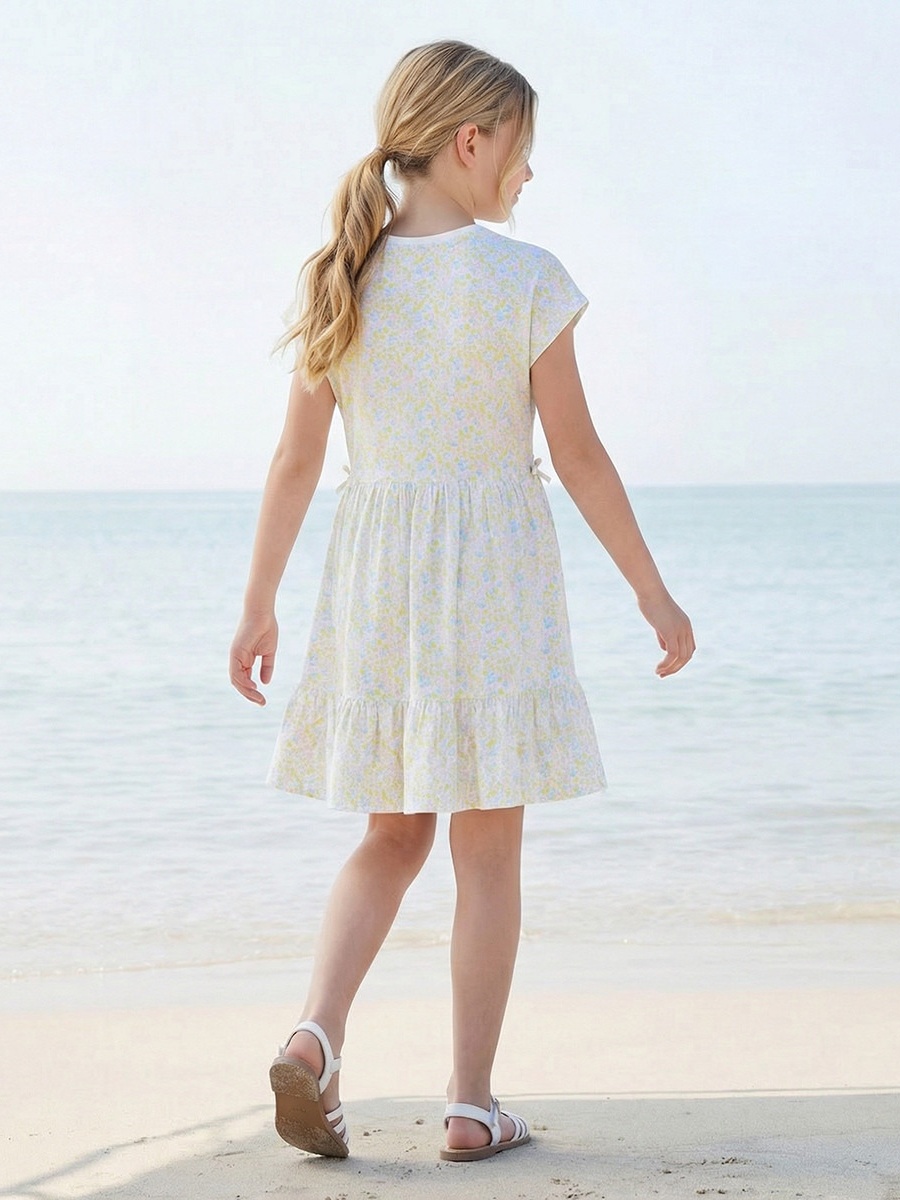 Round Neck Short Sleeves A-Line Dress with Floral Print