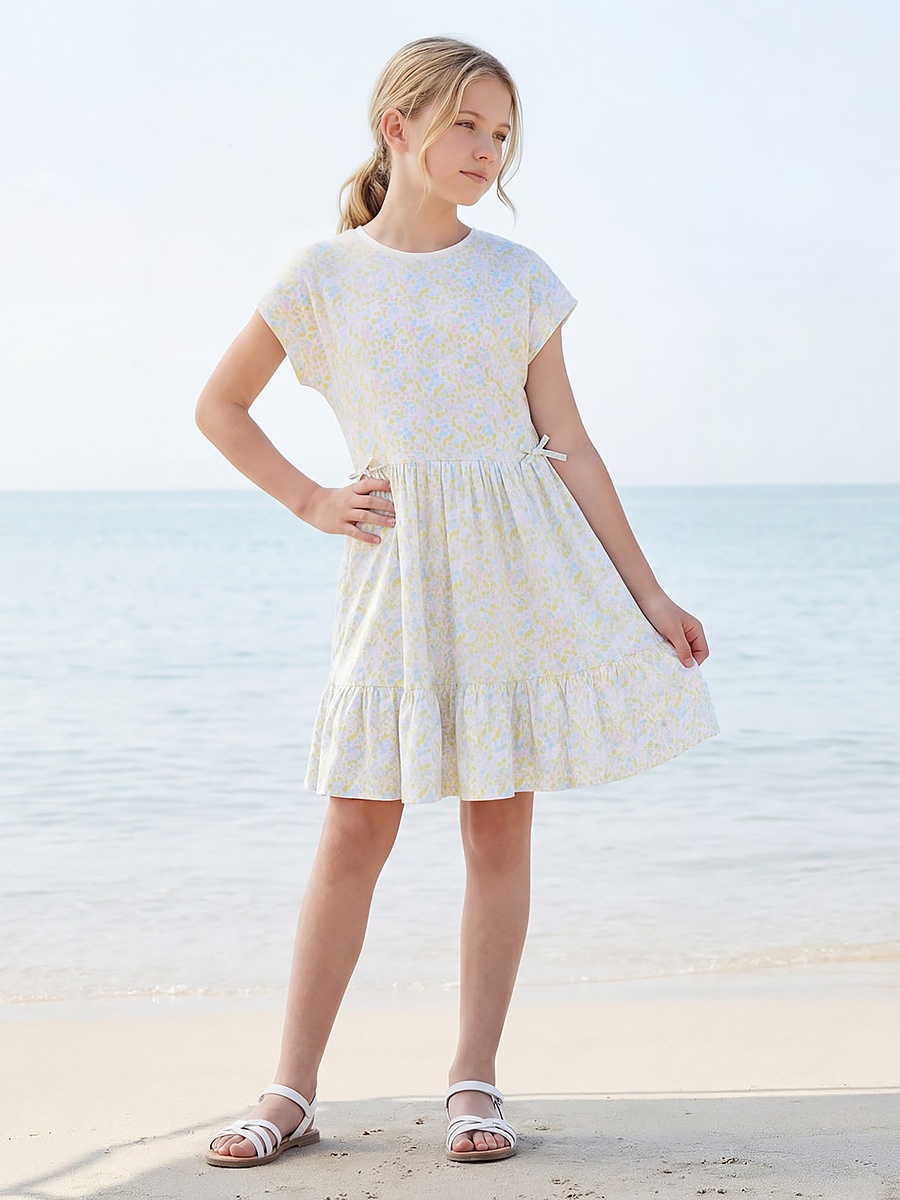 Round Neck Short Sleeves A-Line Dress with Floral Print
