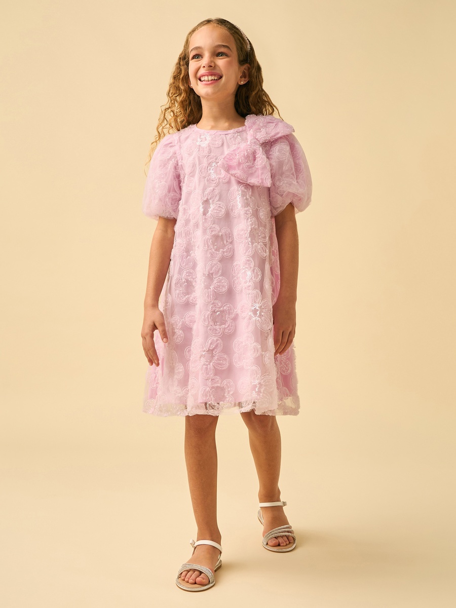 Embroidered Short Sleeves A-Line Dress with Sequin Embellishment