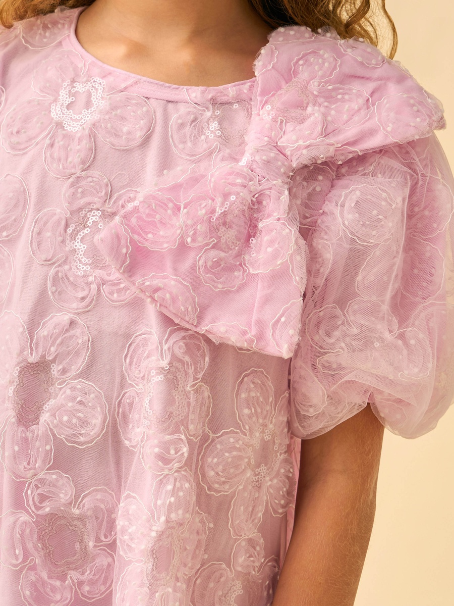 Embroidered Short Sleeves A-Line Dress with Sequin Embellishment