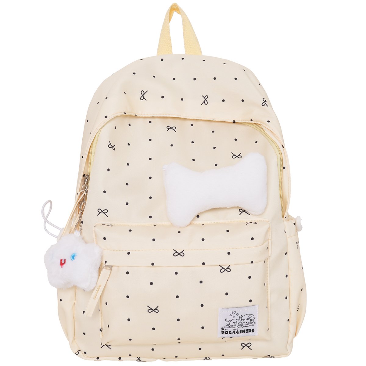 Beige Polka Dot Nylon Backpack with Embellishments